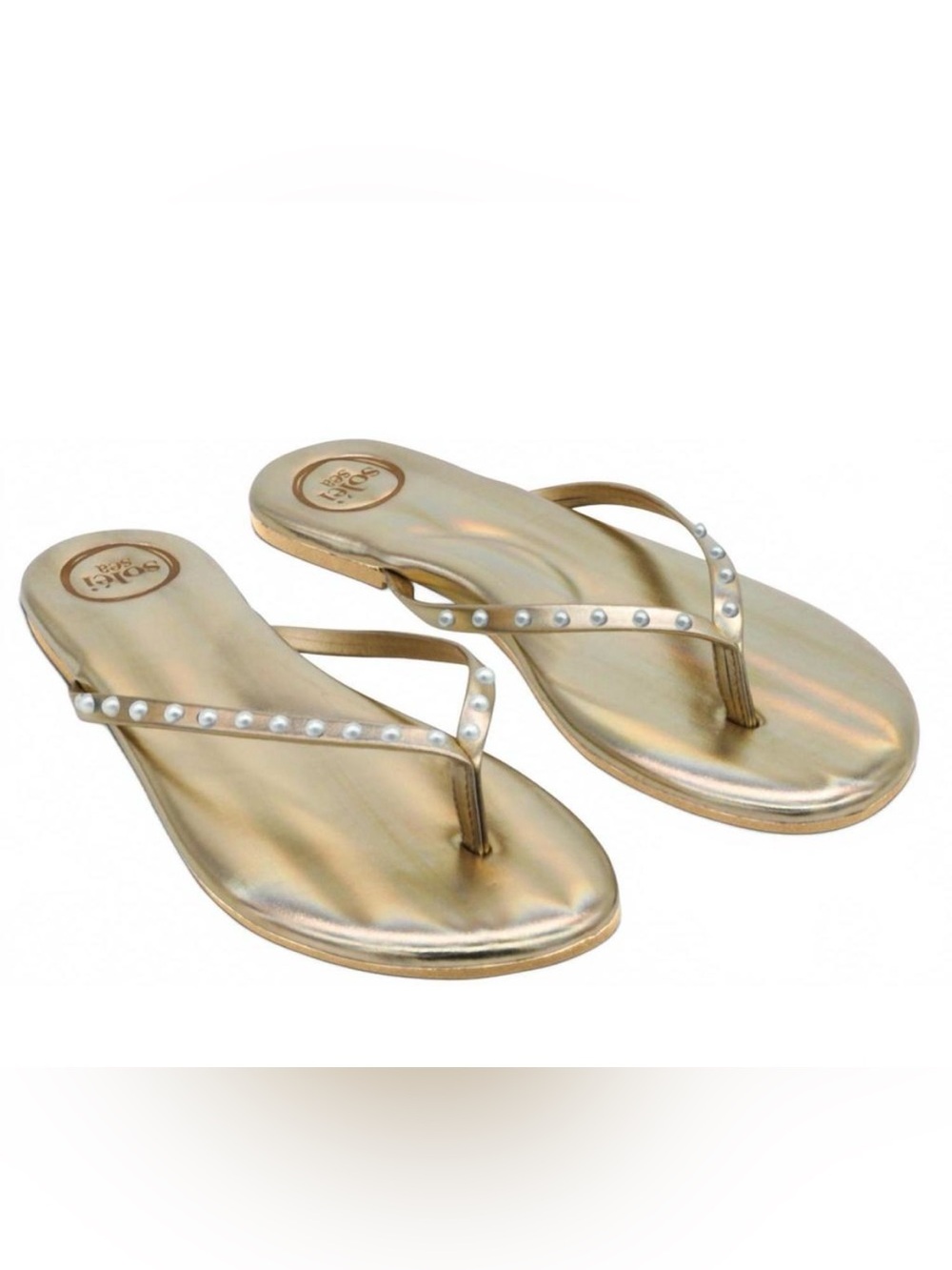 NEW SOLEI SEA indie solid metallic gold with pearls flip-flop in gold size 6